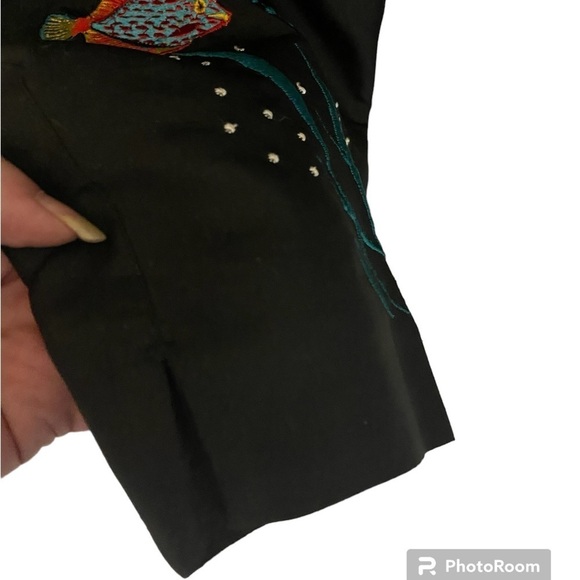 Black Raw 100% Silk Vintage Tropical Embroidered High Waist Capris Flat Front - Picture 7 of 9